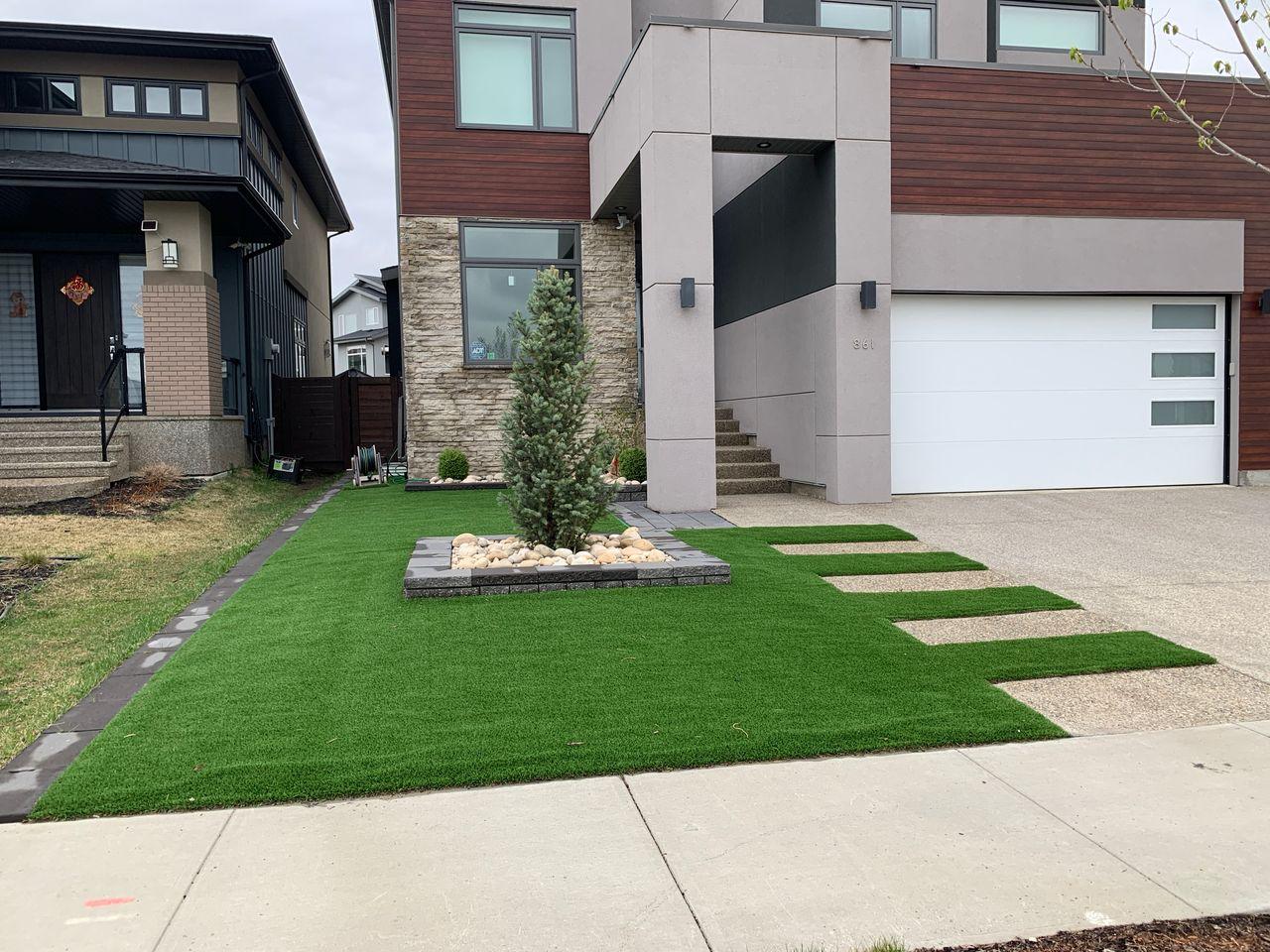 Fresh sod and turf installation on modern Edmonton home front yard